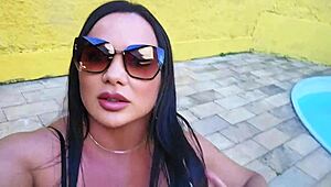 hey milf latina with big tits flashes clit at pool creampies young guy outdoor