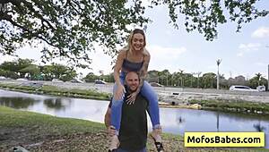 Petite blondie seduced by jmac's muscles then fucked hard by the lake