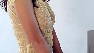 dark haired teen sensually gropes her shaved tits in mirror tease