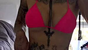 Melody Radford's huge tits and tattooed ass barely fit in micro bikini slut tease