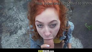 dirty redhead milks cock on walk home pov cumshot