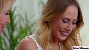 blonde young babe licks sucks busty gilf's tits in lesbian oral play