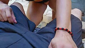 hey milf latina with big tits flashes clit at pool creampies young guy outdoor