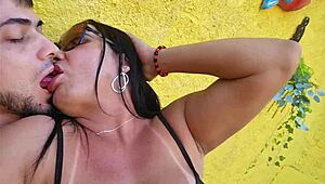 hey milf latina with big tits flashes clit at pool creampies young guy outdoor