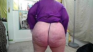 Naughty mature hairy ass teases in retro thong panties to squirting orgasm