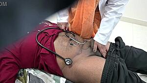 doctor stares at patient's tiny cock bulging in hospital gown