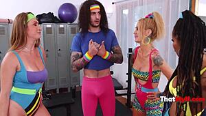 Fitness housewives sneak a steamy threesome with gym hunk riding rough.