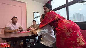 fiery housewife halts card game to fuck players in orgy