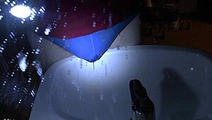 Oops, peeing in blue underpants right over the sink
