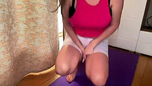 enormous stepmom's boner gets caught by son in yoga fitness room handjob domination