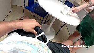 Big tit Spanish barista serves coffee then takes black cock payment in kitchen creampie.