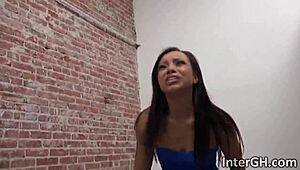 adrian maya slurps gloryhole cock then gets pounded doggystyle in interracial frenzy