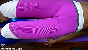 hard round ass cameltoe strains tight lycra during yoga workout