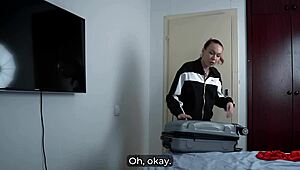 damn, stepmom's tight pussy gets filled deep in hotel bed doggy by horny roleplay son