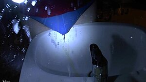 Oops, peeing in blue underpants right over the sink