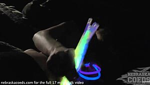 Luize Saint spreads pussy wide with glowsticks in horny masturbation