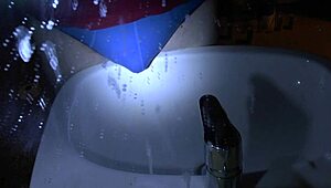 Oops, peeing in blue underpants right over the sink