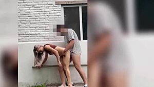 Skinny neighbor gets so hot outdoors we split her tight pussy standing up