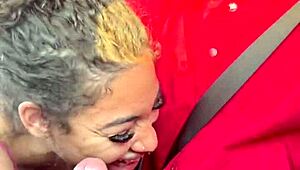 Curly babe spits on monster cock for public car deepthroat roadhead.