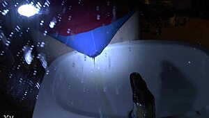 Oops, peeing in blue underpants right over the sink