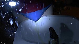 Oops, peeing in blue underpants right over the sink