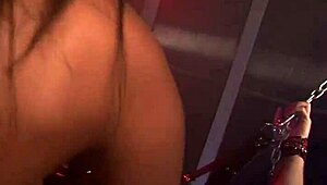 Busty Brunette Slut and Masked Chick Bondage-Teach Chained Dude with Dildos Strapon Riding