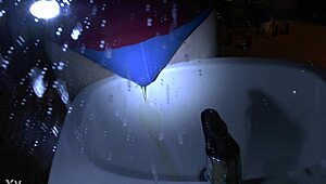 Oops, peeing in blue underpants right over the sink