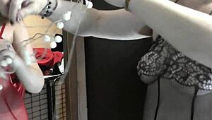 Mature milf tempts lingerie teen at christmas tree