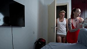 damn, stepmom's tight pussy gets filled deep in hotel bed doggy by horny roleplay son