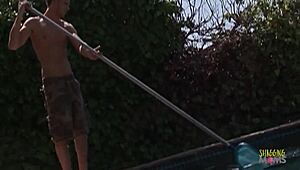 her massive tits bounce wildly as blonde bombshell deepthroats pool boy's fat cock
