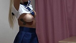 Tanned Japanese girl strips uniform to reveal natural tits and naked body