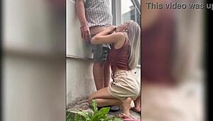 Skinny neighbor gets so hot outdoors we split her tight pussy standing up