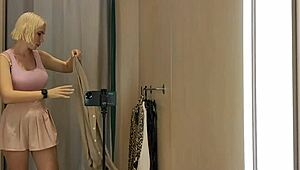 hey check out this naked blonde flashing see-through outfits in the mall changing room outdoors