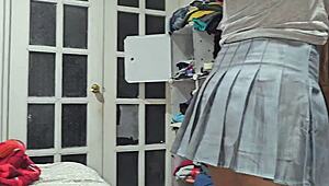 Stepsis bends over in skirt, rubs my cock, then fucks with dirty Spanish talk.