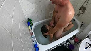 candy cruises skinny asian gags chokes deepthroating cock in poolside bathtub