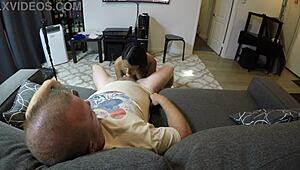 Mandy mynxx skinny slut gags deepthroat choking on cock pov sofa oral