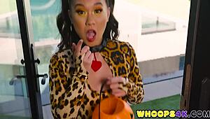 Halloween Treat: Shy Asian Teen Gags on Massive Cock Deepthroat!