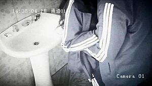 voyeur cam catches petite latina schoolgirl riding classmate's cock bent over in bathroom