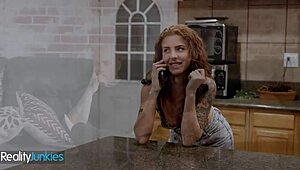 horny redhead babysitter lumi ray spreads shaved pussy, craves derrick pierce's cock for cowgirl ride