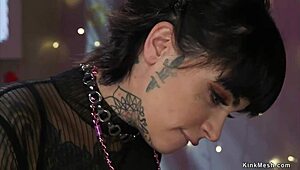 kinky alt lesbians bound in bdsm gear take double anal penetration threesome banging