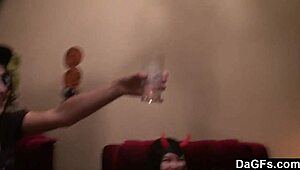 Hot Costume Teens in Stockings Go Wild Lesbo Threesome Party!