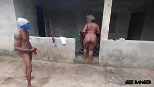 sexy chubby ebony bodybuilder rides two long cocks bent over kitchen counter doggystyle cowgirl