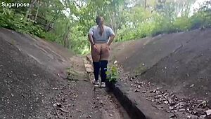 Sapphire flashes her fat tits and curvy ass outdoors naked