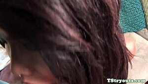 Ladyboy Casting Features Ripped Clothes Striptease Tease Before Hot Jizz Facial Close-Up