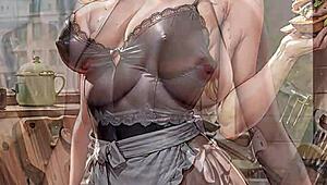 ai blonde maid in uniform skirt lifts upskirt serving fresh food teasingly close