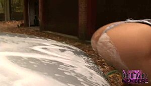Big Boob Brunette Babe Washes Car in Thong Panties!