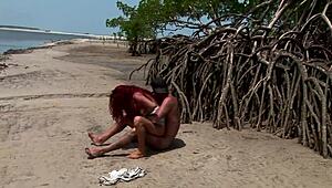 hey check out this latina milf with small firm tits and brunette hair fucking hard on the beach