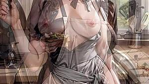 ai blonde maid in uniform skirt lifts upskirt serving fresh food teasingly close