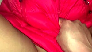 cumshots blasting all over her pink puffy jacket while she moans in ecstasy 😍💦