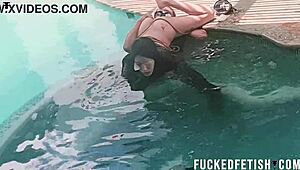 Skinny latina submits underwater to helen star's vibrator oral pool domination